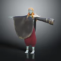 Fantasy Creature Character with Orange Hair Blue Face Dark Robe Golden Trim and Outstretched Arms