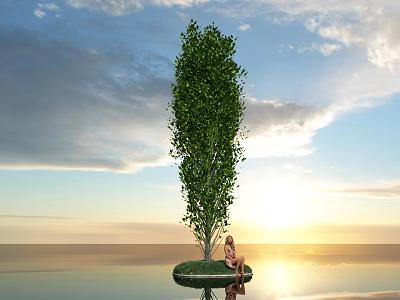 Tall Lush Arbor With Person Sitting Under And Sunset Sky Reflection On Water Surface 3d model