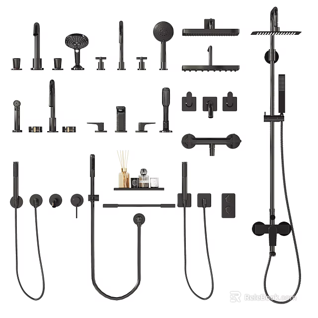 Modern Black Shower System Components With Handheld Head And Controls 3d model