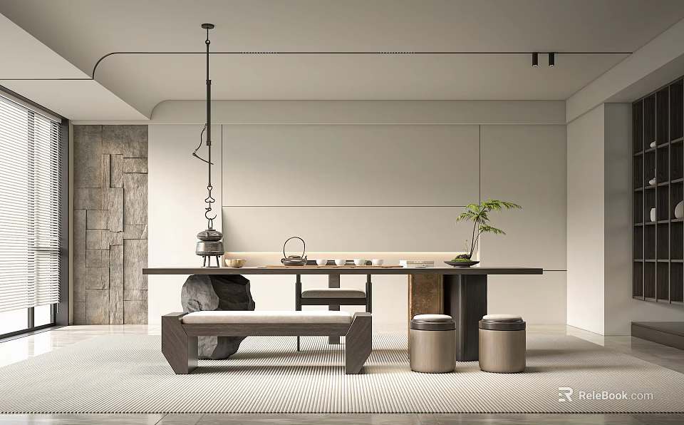 Modern Open Concept Tea Room Interior With Wooden Tea Table Seating And Pendant Light 3d model 