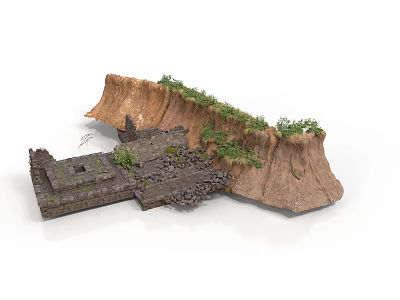 Modern Cliffside Scene With Ancient Ruins Stone Blocks And Green Vegetation 3d model