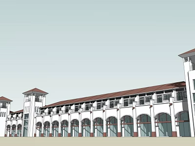 Modern Commercial Street With White Buildings Red Roofs Arched Storefronts And Towers 3d model