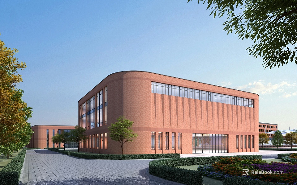 Modern School Building With Red Brick Exterior Large Glass Windows And Landscaped Courtyard 3d model 