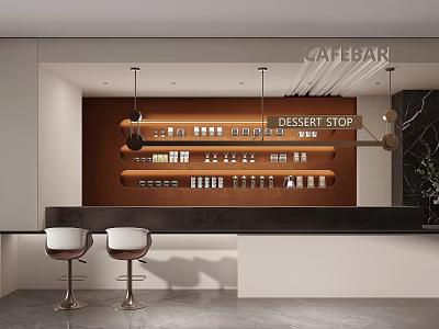 Modern Sales Office Interior Design With Bar Counter Dessert Stop High Stools And Pendant Lights 3d model