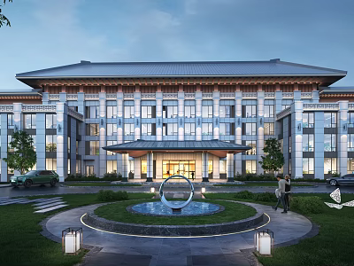 Modern Architectural Facade Featuring Glass Curtain Wall Stone Elements Traditional Roof And Front Fountain Garden 3d model