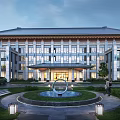 Modern Architectural Facade Featuring Glass Curtain Wall Stone Elements Traditional Roof And Front Fountain Garden