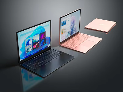 Modern Open Laptops With Black And Pink Designs Displaying Interface Screens 3d model
