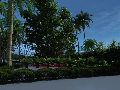 Arbor Trees In Lush Green Landscape Design With Tall Palms Neat Bushes And Blue Sky 3d model