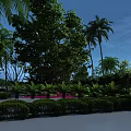 Arbor Trees In Lush Green Landscape Design With Tall Palms Neat Bushes And Blue Sky