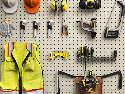 Hardware Tools Organized on Pegboard with Safety Helmets Earmuffs Gloves Wrenches and Tool Belt 3d model