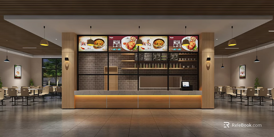 Modern Restaurant Interior With Order Counter Menu Display Screens And Brick Wall Decor 3d model 