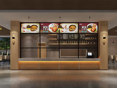 Modern Restaurant Interior With Order Counter Menu Display Screens And Brick Wall Decor 3d model