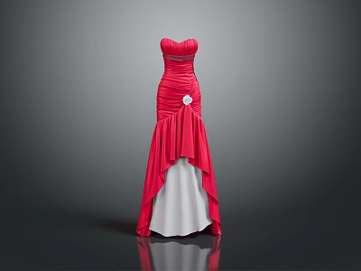 Elegant Red Strapless Long Dress With Ruched Design And White Lining 3d model