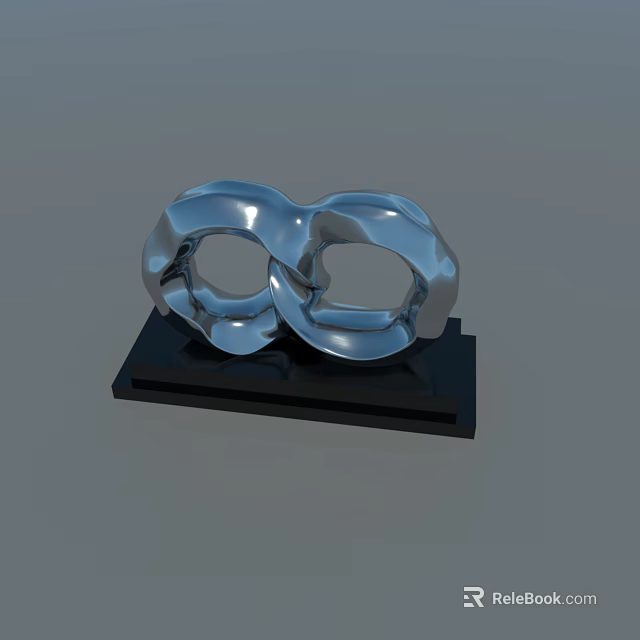 Silver Metallic Abstract Sculpture With Intertwined Rings On Black Base 3d model 