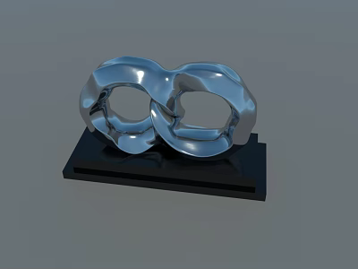 Silver Metallic Abstract Sculpture With Intertwined Rings On Black Base 3d model