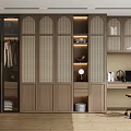 Modern Wooden Wardrobe With Glass Grid Doors Interior Storage Hanging Clothes Decorative Shelf And Lighting