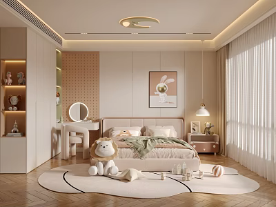 Cozy Kids Room Interior With Bed Stuffed Toys Rabbit Painting And Window Blinds 3d model
