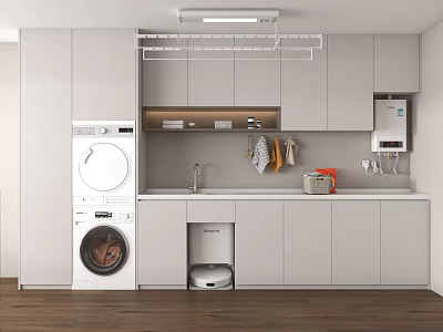 Modern White Bathroom Cabinet Rack With Washing Machine Dryer Sink Faucet Towels And Basket 3d model