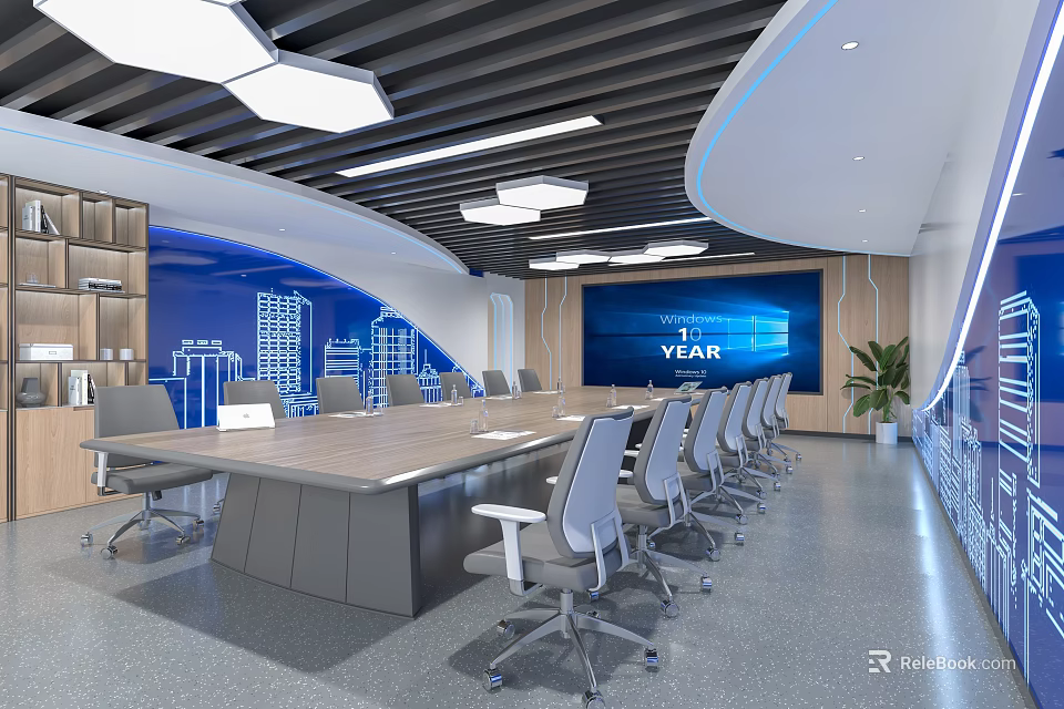 Modern Conference Room Interior With Long Table Gray Chairs Blue Skyline Wall And Large Screen 3d model 