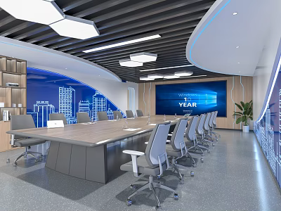 Modern Conference Room Interior With Long Table Gray Chairs Blue Skyline Wall And Large Screen 3d model