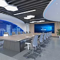 Modern Conference Room Interior With Long Table Gray Chairs Blue Skyline Wall And Large Screen
