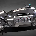 Silver Metallic Motorcycle With Unique Retro Futuristic Design And Large Chrome Wheels