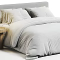 Minimalist Double Bed Interior With Soft Gray Bedding And Wooden Side Stool