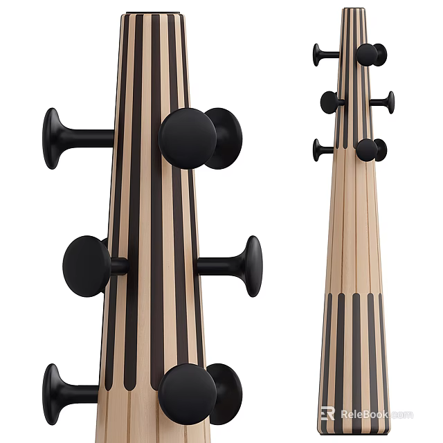 Wooden Striped Hanger With Black Hooks For Wall Mounted Modern Home Use 3d model 