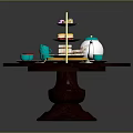 Ceramic Tableware Including Tea Pot Green Gold Rim Cups Saucers And Three Tier Dessert Stand