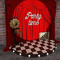 Vintage Party Stage With Red Curtains Brick Wall Gramophone And Checkerboard Floor
