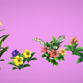 Colorful Flowering Plants With Green Leaves In Various Colors On Pink Background