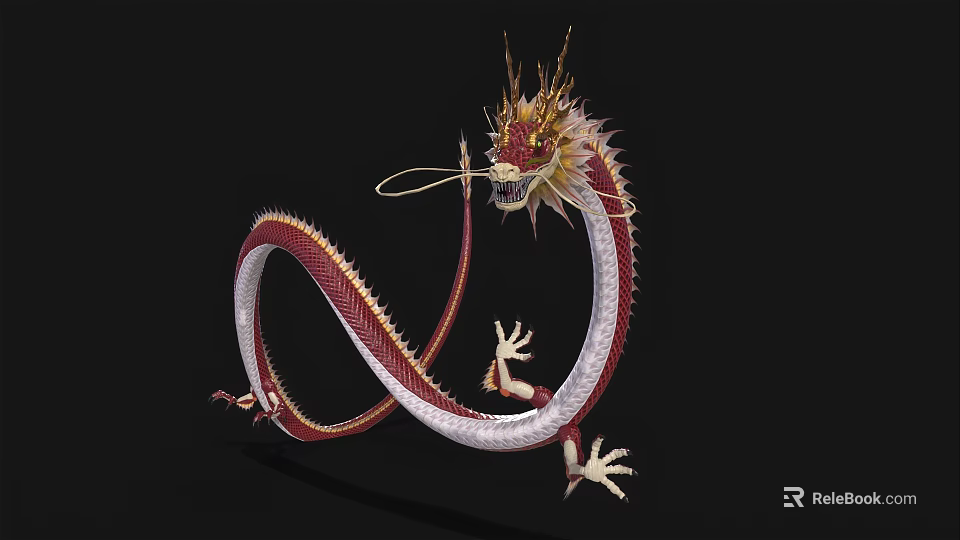 Mythical Flying Dragon With Red And White Scaled Body Golden Whiskers And Curved Claws 3d model 