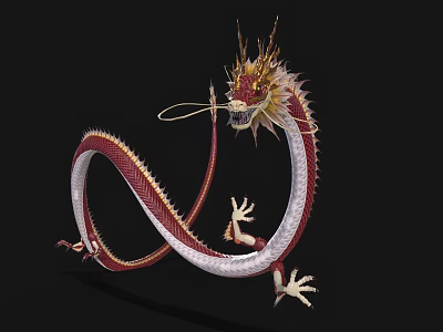 Mythical Flying Dragon With Red And White Scaled Body Golden Whiskers And Curved Claws 3d model