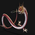 Mythical Flying Dragon With Red And White Scaled Body Golden Whiskers And Curved Claws