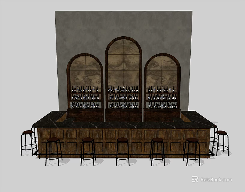 Rustic Wooden Bar Interior With Three Arched Windows Wine Racks And Stools 3d model 