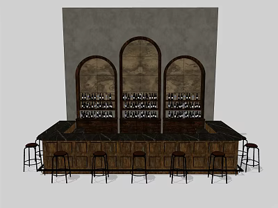 Rustic Wooden Bar Interior With Three Arched Windows Wine Racks And Stools 3d model