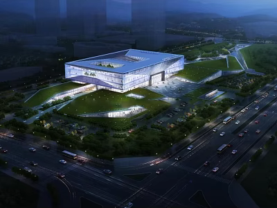 Large Modern Urban Building With Green Space Roads And Evening Lighting 3d model