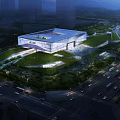 Large Modern Urban Building With Green Space Roads And Evening Lighting