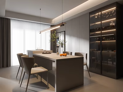 Modern Restaurant Interior Design With Open Layout Island Counter Chairs And Glass Display Cabinet 3d model