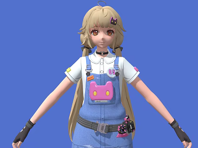 3D Animated Character With Blonde Pigtails In Blue Overalls And Pink Cat Shaped Pocket 3d model