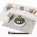 White Sectional Sofa With Brown Throw Pillows Round Coffee Table And Gray Rug 3d model