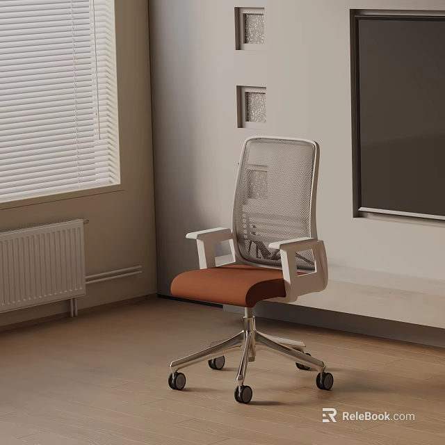 Modern Office Chair With Mesh Backrest Orange Seat Cushion Armrests Metal Frame And Wheels 3d model 