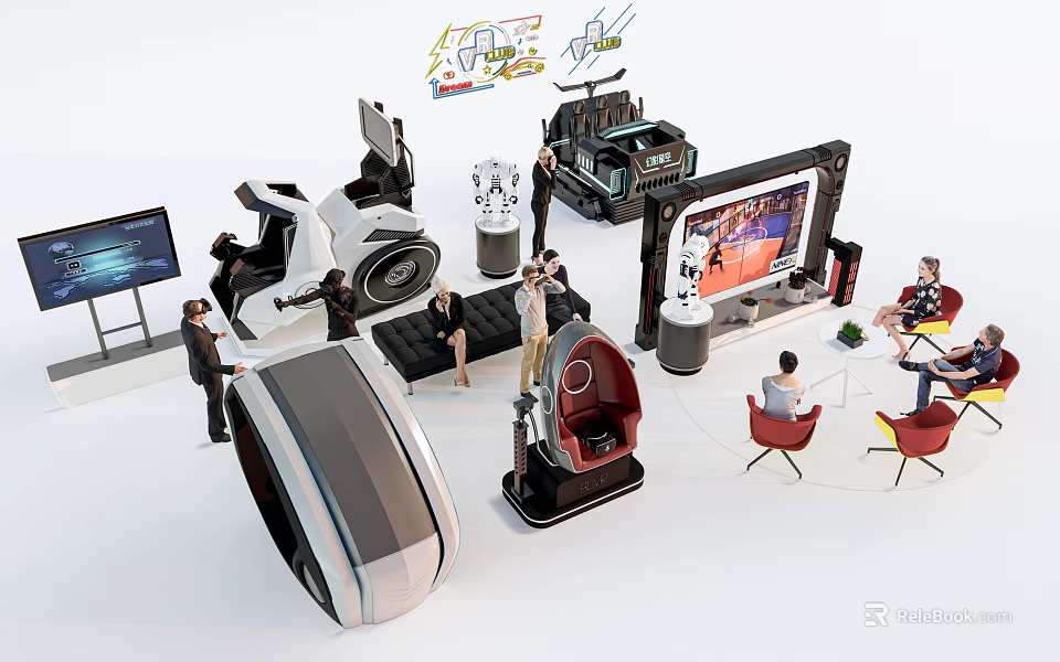 Modern Exhibition Space With Interactive Screens Devices And Comfortable Seats 3d model