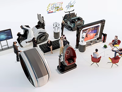 Modern Exhibition Space With Interactive Screens Devices And Comfortable Seats 3d model