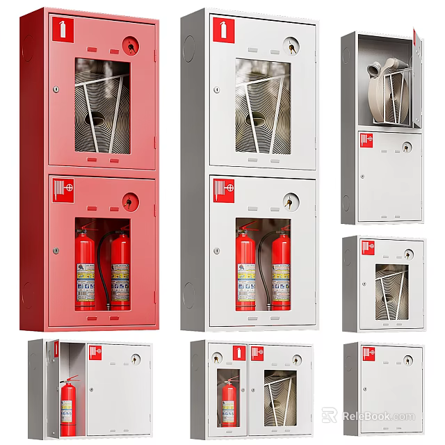 Red And White Fire Equipment Cabinets With Extinguishers And Hoses 3d model