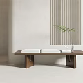 Long Wooden Bench With White Cushions Transparent Vase Green Plant Against Light Wall Vertical Stripes