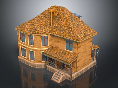 Cartoon Scene of a House With Brown Tile Roof Brick Walls Windows Porch and Steps 3d model