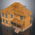 Cartoon Scene of a House With Brown Tile Roof Brick Walls Windows Porch and Steps