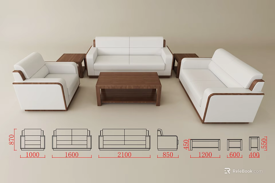 Modern White Sofa and Coffee Table Set with Wooden Frame and Dimensions 3d model 