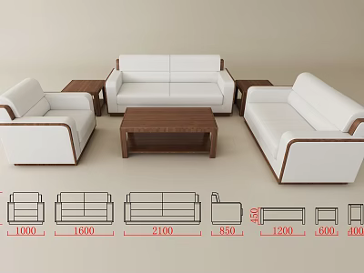 Modern White Sofa and Coffee Table Set with Wooden Frame and Dimensions 3d model